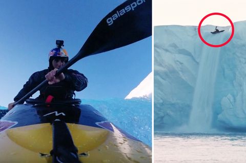 Svalbard-Archipel: 20 Meter in die Tiefe: Kajak-Profi wagt Rekordsprung von Gletscher-Wasserfall
