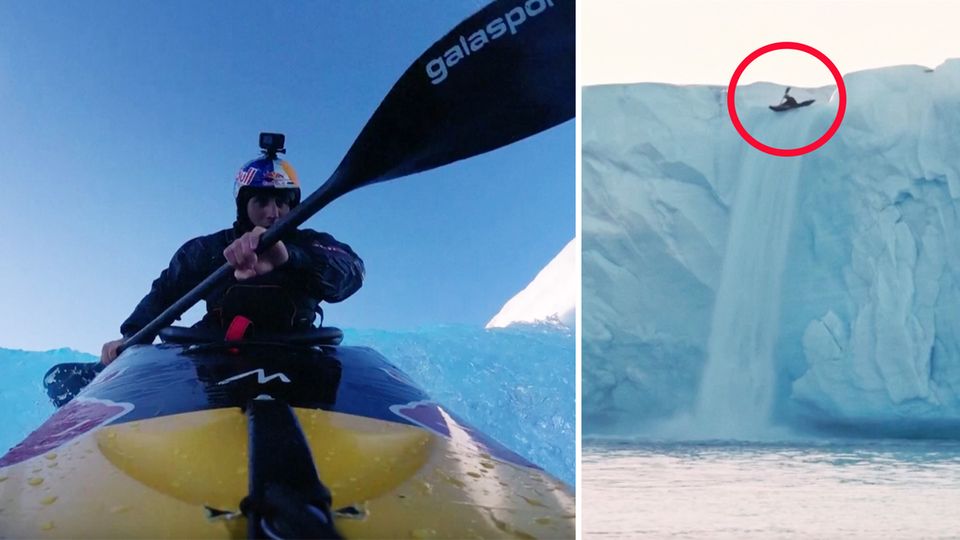 Svalbard-Archipel: 20 Meter in die Tiefe: Kajak-Profi wagt Rekordsprung von Gletscher-Wasserfall