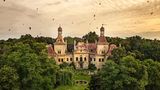 Über einem alten Schloss fliegen Vögel im Morgenlicht