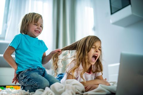 Ein kleiner Junge zieht an den Haaren seiner Schwester