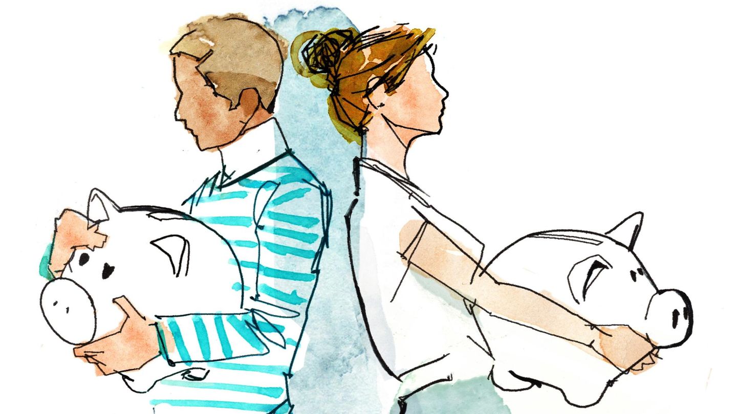 Getrennte Konten in Beziehungen, Illustration Geld Kolumne, Eigenproduktion, Stern #50 Die Illustration zeigt einen Mann und eine Frau, die jeweils ein Sparschwein tragen