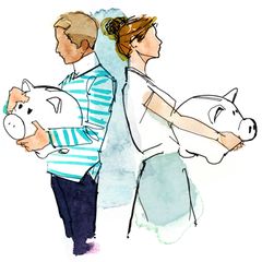 Die Illustration zeigt einen Mann und eine Frau, die jeweils ein Sparschwein tragen