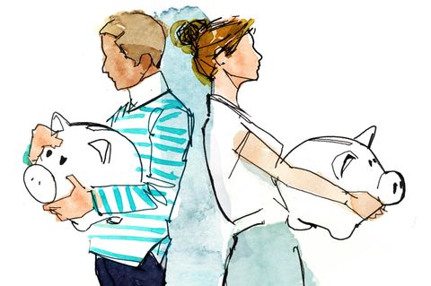 Die Illustration zeigt einen Mann und eine Frau, die jeweils ein Sparschwein tragen