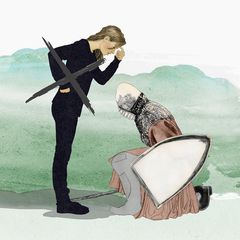 Die Illustration zeigt eine stehende Frau in schwarz, die sich den Finger an den Kopf hält während ein Ritter vor ihr kniet