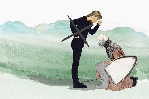 Die Illustration zeigt eine stehende Frau in schwarz, die sich den Finger an den Kopf hält während ein Ritter vor ihr kniet