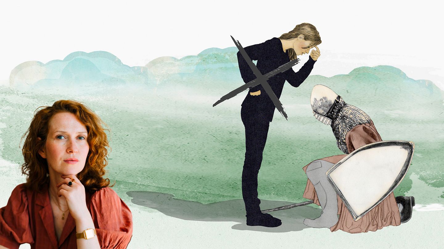 Die Illustration zeigt eine stehende Frau in schwarz, die sich den Finger an den Kopf hält während ein Ritter vor ihr kniet