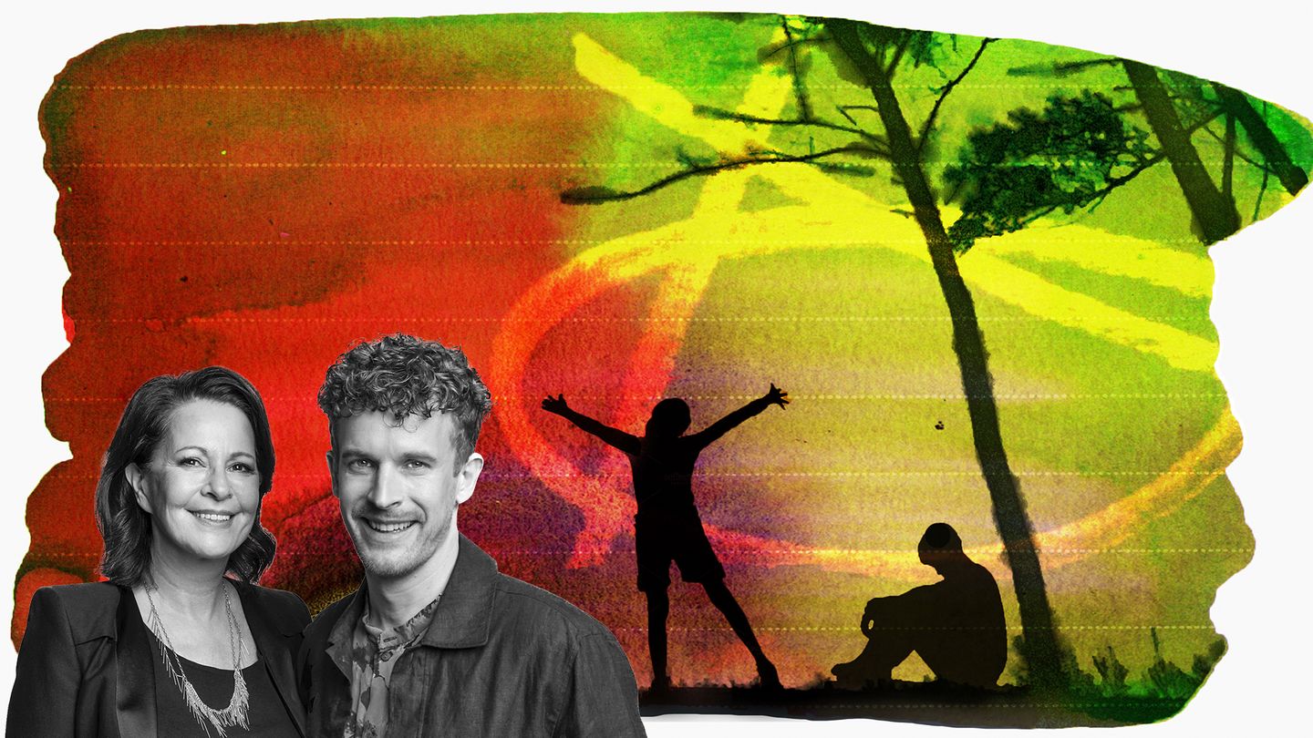 rot/grüne Illustration in der eine energiegeladene Frau und ein ruhiger Mann zu sehen sind