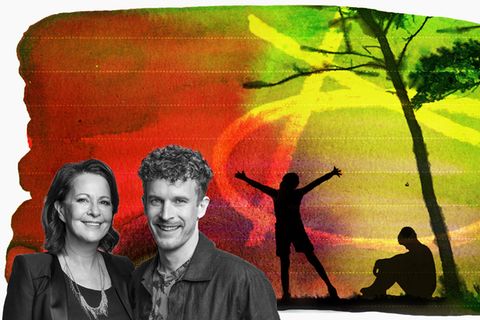 rot/grüne Illustration in der eine energiegeladene Frau und ein ruhiger Mann zu sehen sind
