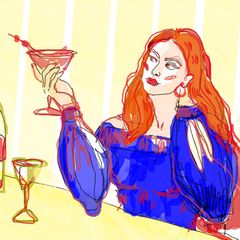 Illustration zeigt eine Kneipen Theke in Schweden an der ein Mann und eine Frau Blicke austauschen