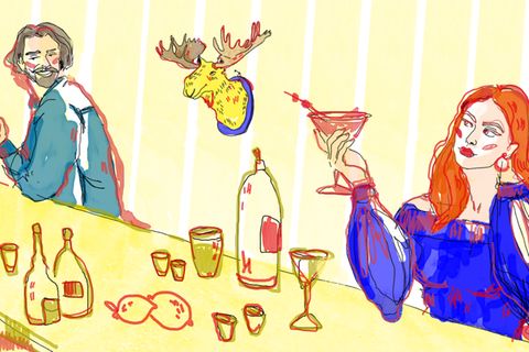 Illustration zeigt eine Kneipen Theke in Schweden an der ein Mann und eine Frau Blicke austauschen