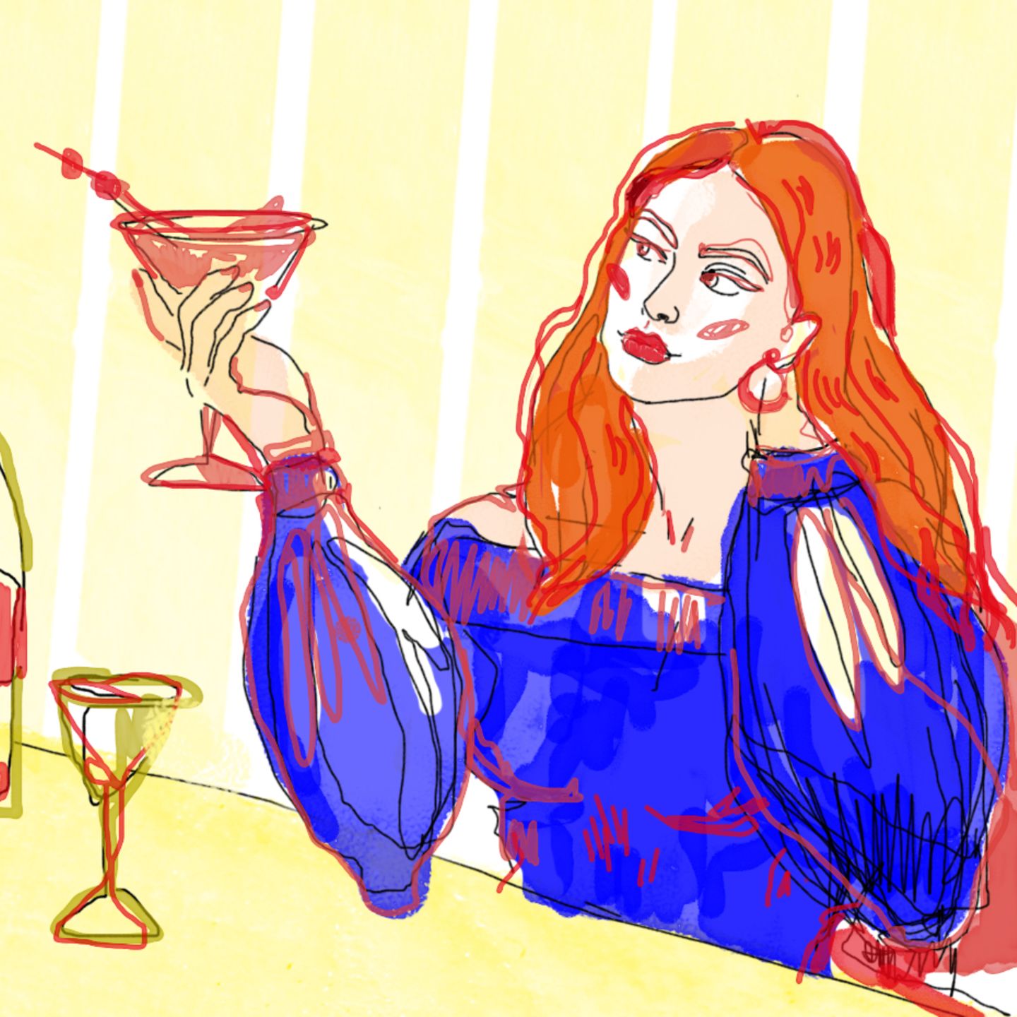 Illustration zeigt eine Kneipen Theke in Schweden an der ein Mann und eine Frau Blicke austauschen