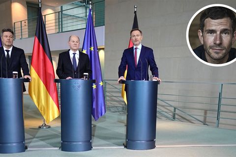 Robert Habeck (Bündnis 90/Die Grünen), Olaf Scholz (SPD) und Christian Lindner (FDP) bei einem Pressetermin im Bundeskanzleramt
