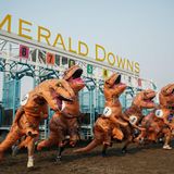 Renn-Teilnehmer*innen in T-Rex-Kostümen während des Rennens. An der Bahn jubeln Ihnen Zuschauer zu.