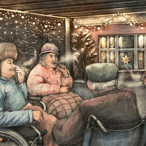 Illustration zeigt: Ältere Menschen sitzen zusammen, Nachts unter Lichterketten und rauchen