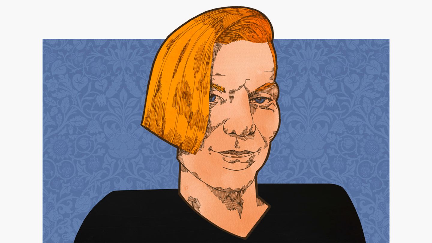 Illustration zeigt ein Portrait von Anastasia Biefang, die Haare auf einer Seite länger, auf der anderen kurz