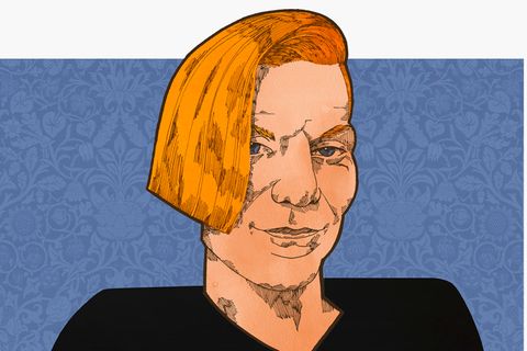 Illustration zeigt ein Portrait von Anastasia Biefang, die Haare auf einer Seite länger, auf der anderen kurz