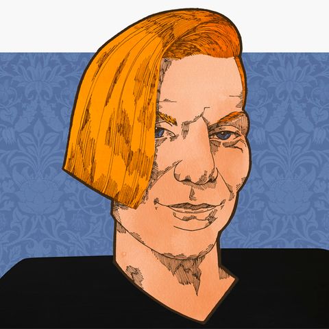 Illustration zeigt ein Portrait von Anastasia Biefang, die Haare auf einer Seite länger, auf der anderen kurz
