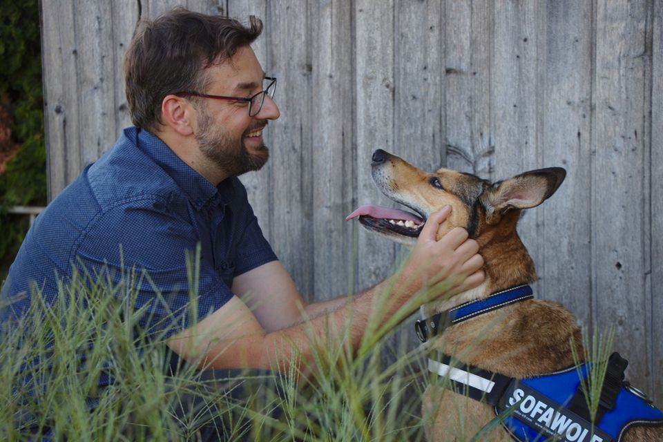 Mann mit Bart streichelt Schäferhund
