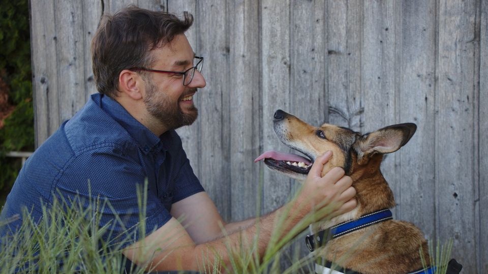 Mann mit Bart streichelt Schäferhund