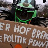 Ein anderer Trecker trägt folgende Hiobsbotschaft: "Der Hof brennt, die Politik pennt"