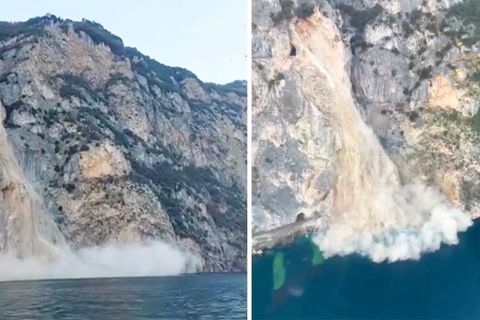 Italien: Luftaufnahme zeigt, wie Gerölllawine in den Gardasee stürzt