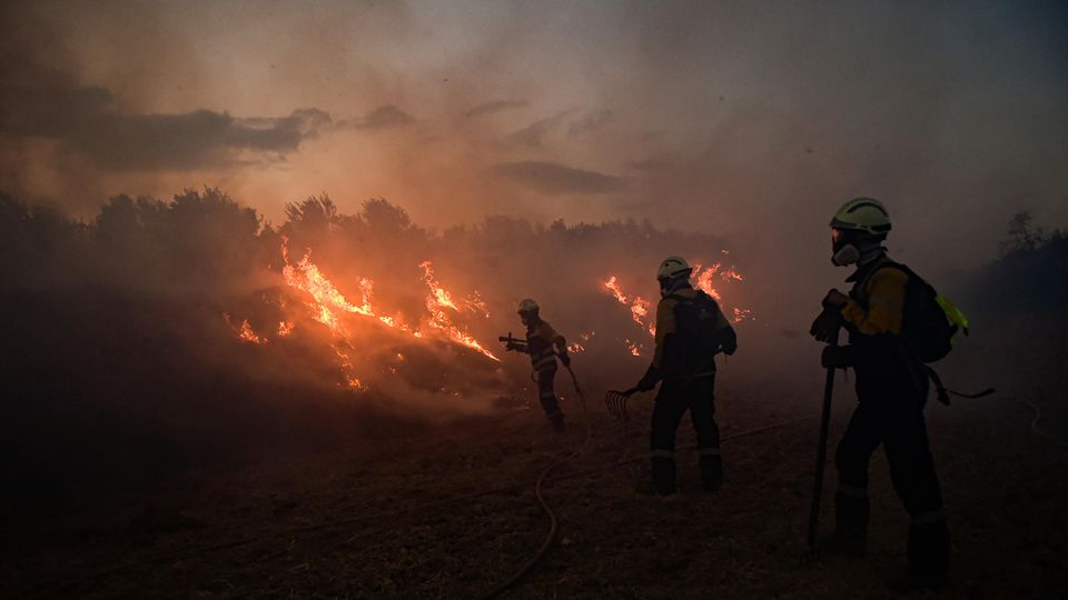 Waldbrände in Europa und Nordamerika Feuerwehrleute versuchen einen Waldbrand in der Nähe von Mendigorria in Spanien unter Konrtolle zu bringen.