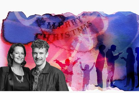 Illustration zeigt eine  Familie die unter einem merry Christmas Banner Weihnachten feiert, Kinder freuen sich Eltern Streiten
