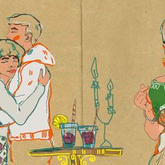 Illustration zeigt Kupplerin Radhika Mohta und ein Paar das sich zärtlich im Arm hält