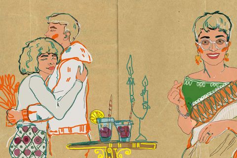 Illustration zeigt Kupplerin Radhika Mohta und ein Paar das sich zärtlich im Arm hält