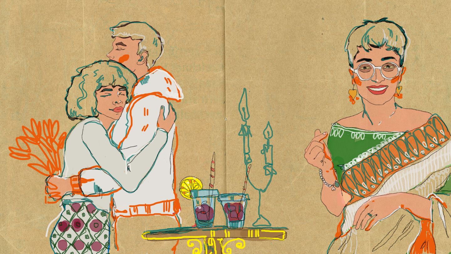 Illustration zeigt Kupplerin Radhika Mohta und ein Paar das sich zärtlich im Arm hält
