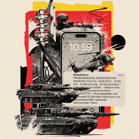 Eine Illustration aus Panzer, Hubschrauber und Handywarnmeldung
