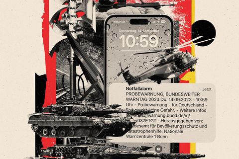 Eine Illustration aus Panzer, Hubschrauber und Handywarnmeldung