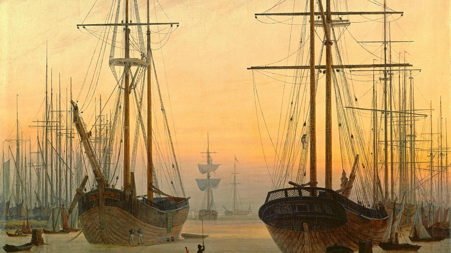 Caspar David Friedrich-Gemälde "Ansicht eines Hafens" (1815/16)