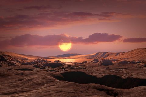 Künstlerische Darstellung einer Planetenoberfläche mit rötlichen Felsen