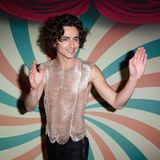 Timothée Chalamet in einem Glitzertop vor bunter Wand