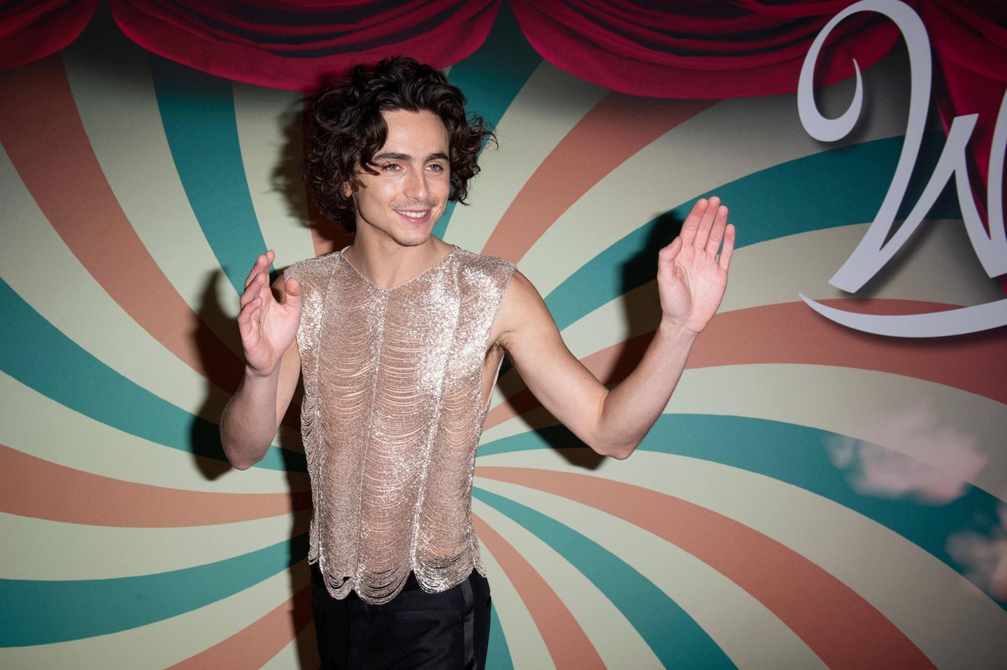 Timothée Chalamet Timothée Chalamet in einem Glitzertop vor bunter Wand
