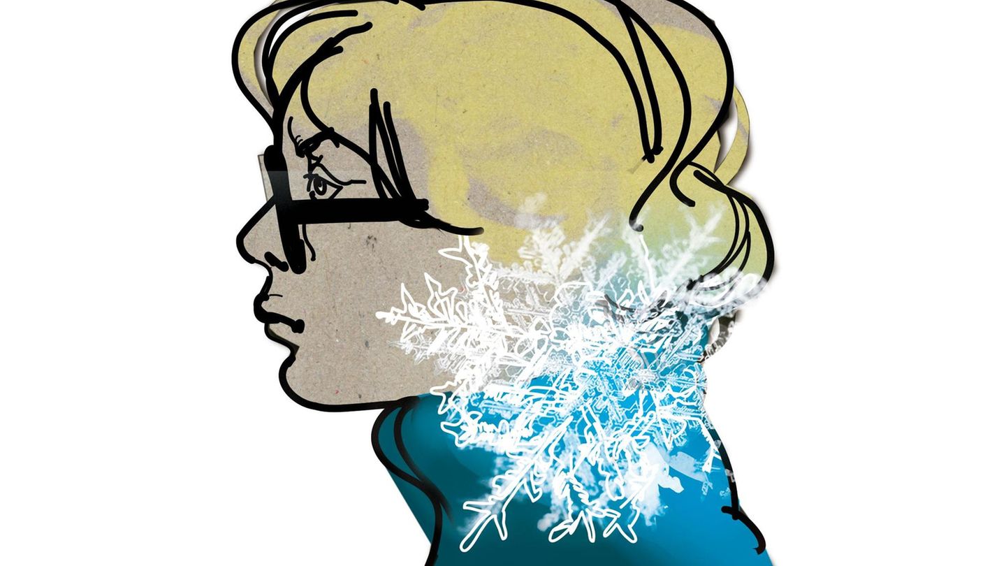 Illustration einer Person mit einer großen Schneeflocke im Nackenbereich Illustration einer Person mit einer großen Schneeflocke im Nackenbereich