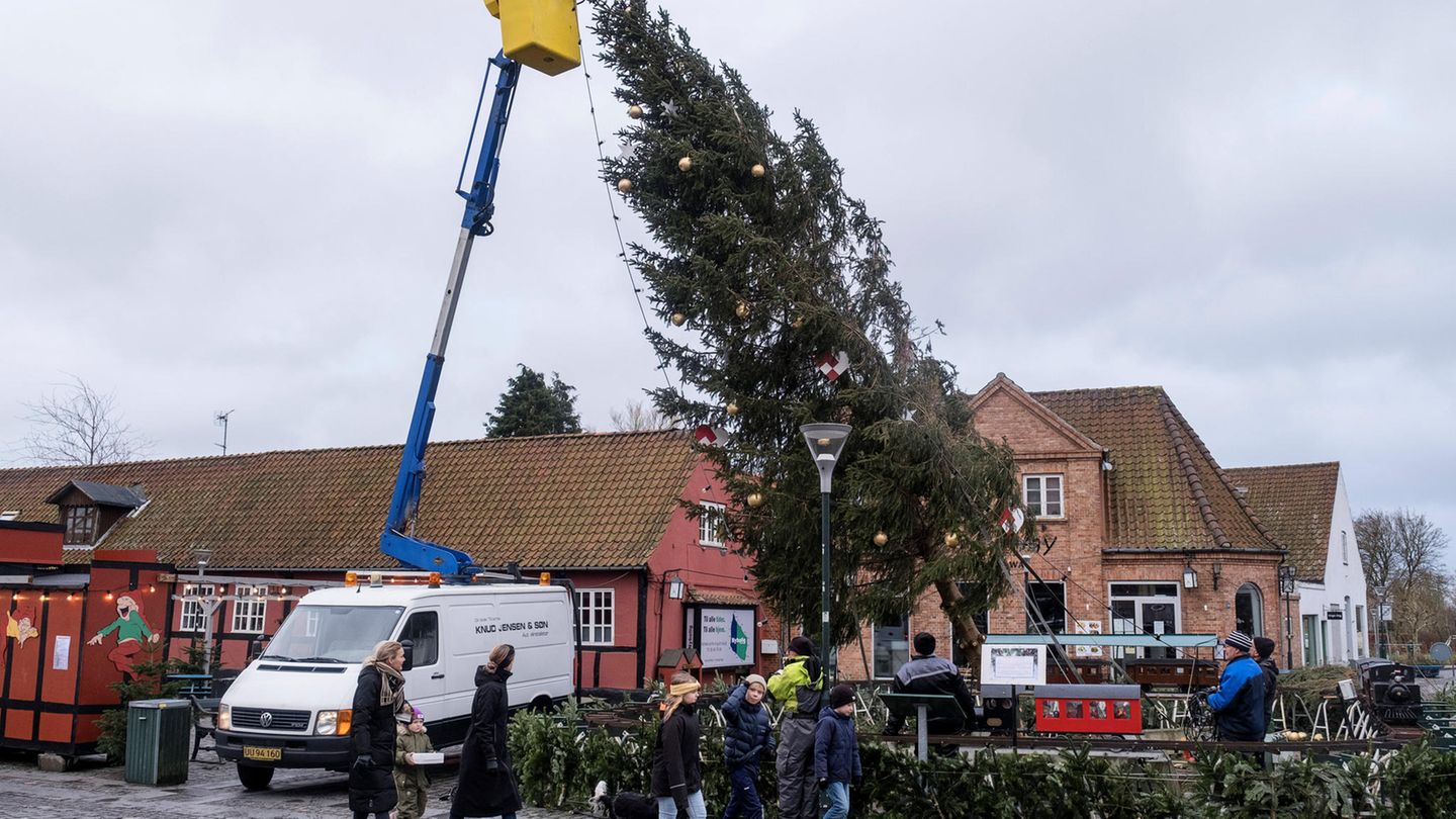 Auf der Ostseeinsel Bornholm musste dieser Weihnachtsbaum abgebaut werden, nachdem er von heftigen Winden in die Schräglage gepustet wurde. Auch in Dänemark tobte, wie in Deutschland, Ende der Woche das Sturmtief "Zoltan".
