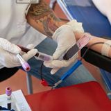 Eine Mitarbeiterin nimmt Blut von einer spendenden Person ab