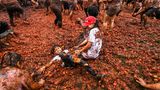 Kinder nehmen am 11. Juni in Sutamarchan, Kolumbien, am zehnten jährlichen Tomatenkampffestival teil