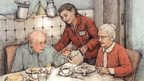 Eine Pflegekraft schenkt einem älteren Paar beim Frühstück Kaffee ein.