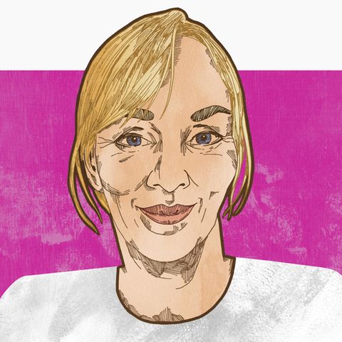 Die Zeichnung einer Frau mit blonden mittellangen Haaren. Sie zeigt Silke Kress, die über Brustkrebs und das Frausein spri