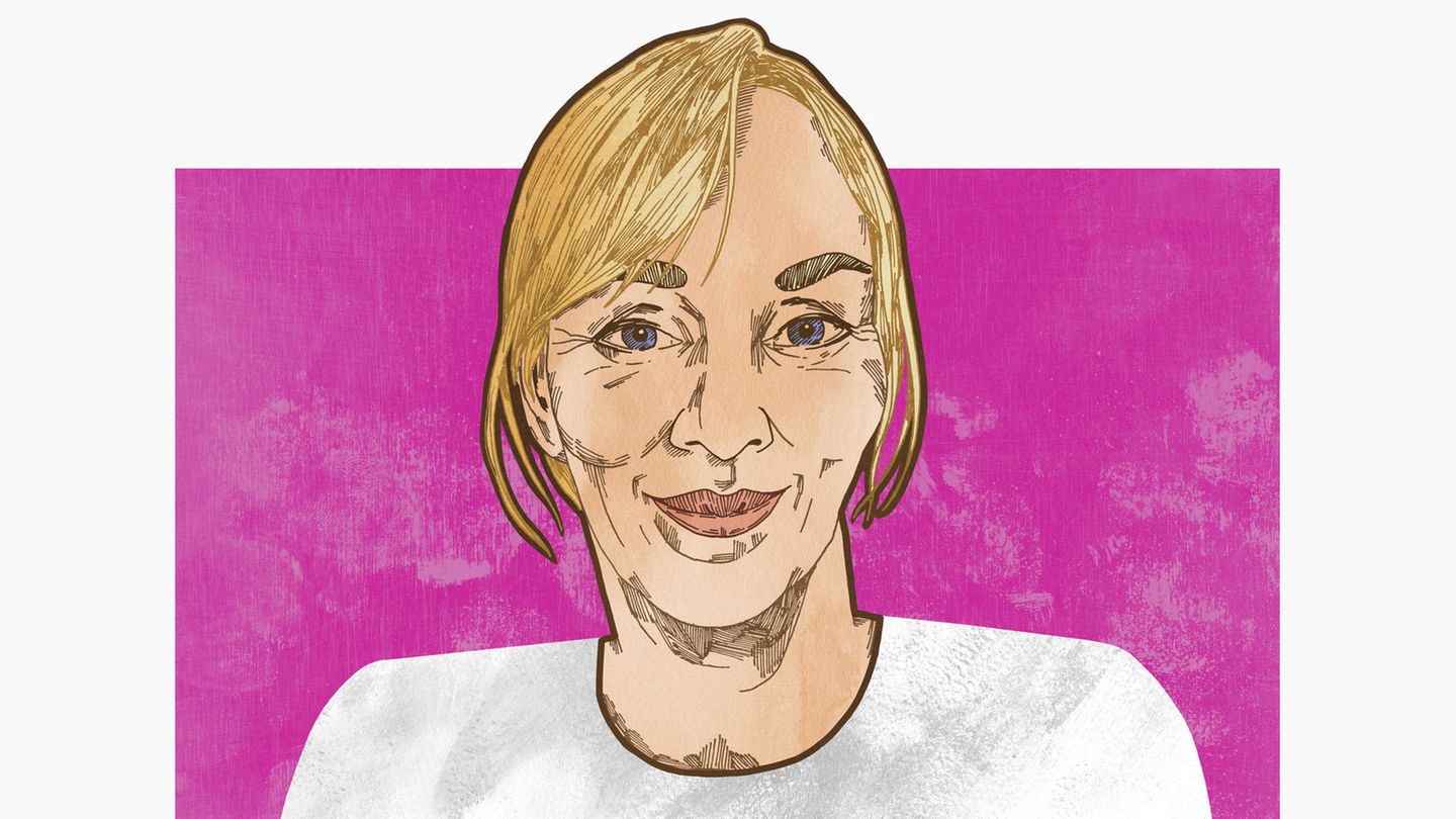 Die Zeichnung einer Frau mit blonden mittellangen Haaren. Sie zeigt Silke Kress, die über Brustkrebs und das Frausein spri