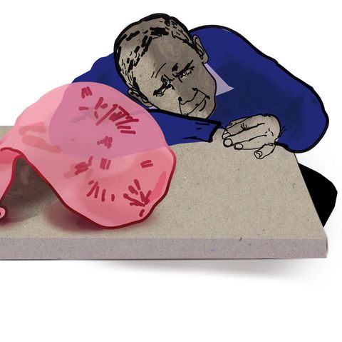 Illustration für die Kolumne "Die Diagnose": Ein Mann stützt sich enttäuscht auf einem Tisch ab, vor ihm ein leerer Luftballon