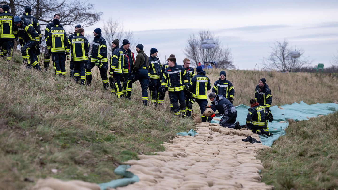 Schutz vor Hochwasser: Feuerwehrleute bilden Kette am Deich