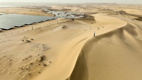 Ein Mann steht auf einer Düne und blickt auf Solaranlagen in der Wüste