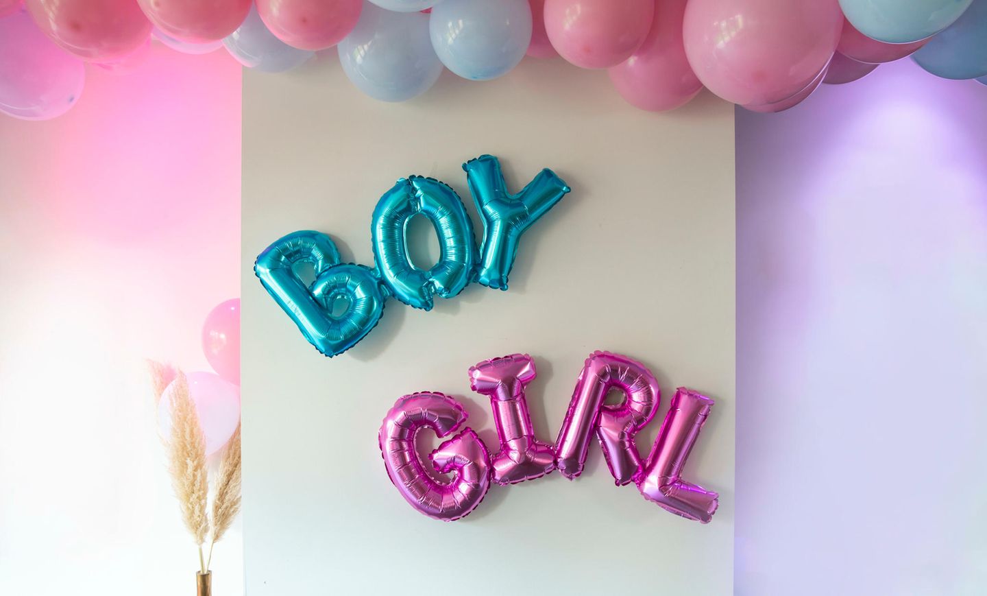 Luftballons mit dem Schriftzug Boy or Girl hängen auf einer Gender Reveal Party