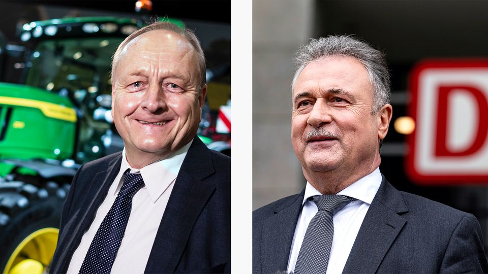 Zwei Männer in Anzug und Krawatte, die lächeln: Bauernpräsident Joachim Rukwied und GDL-Chef Claus Weselsky