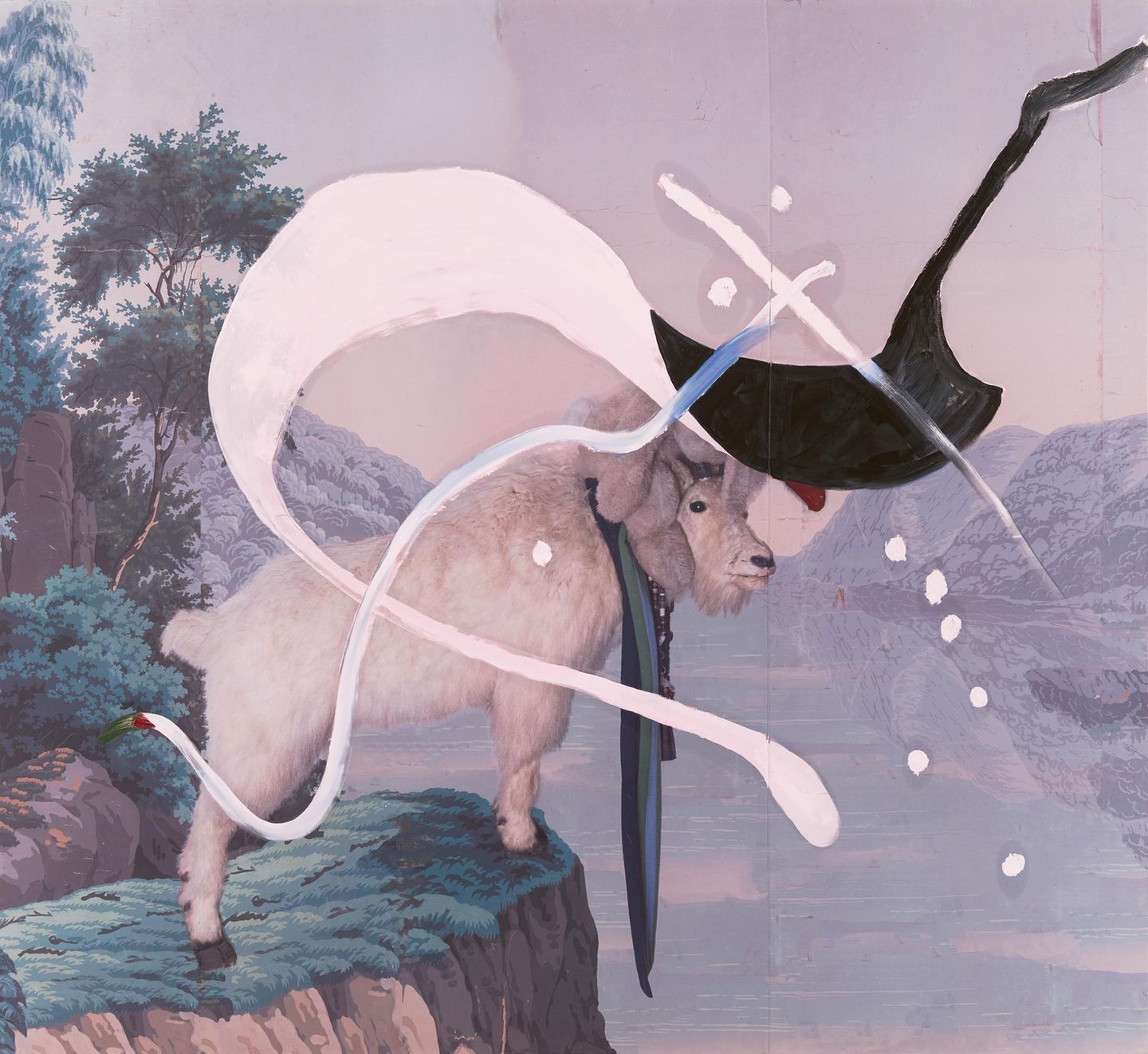 Untitled (The Sky of Illimitableness), 2015  Inkjet print and oil on polyester  Joachim Pissarro, französisch-amerikanischer Kunsthistoriker aus der Künstlerfamilie Pissarro, schrieb 2015 zu einer Ausstellungseröffnung in Paris über diese Reihe: "Als symbolisches Prinzip einer inoffiziellen Malerakademie
ist Schnabel in seiner jüngsten Gemäldeserie, von der drei Werke in der Ausstellung zu sehen sind, der Sündenbock. 
In seinen Werken steht eine Ziege – ein potenzieller Avatar für den Künstler – über einer Klippe und schaut
über eine monumentale – man könnte sagen romantische – Landschaft. [...] Auf diesen Werken befindet sich ein Sprühnebel violetter Tinte
im wahrsten Sinne des Wortes abgespritzt, ein impulsives Markieren, über das der Künstler sagt: 'Die hinzugefügte
abstrakte Glyphe impliziert eine andere Zeitlichkeit. Sie kommentiert und wird zu einem neuen Boden, der die richtige Bedeutung des Gemäldes bestimmt.'"  Wie schwierig Interpretationen von Schnabels Werken sind, erkennt man, wenn man (bei Facebook!) seine tatsächliche Inspiration zu einer Serie von Bildern hört.   FB Video