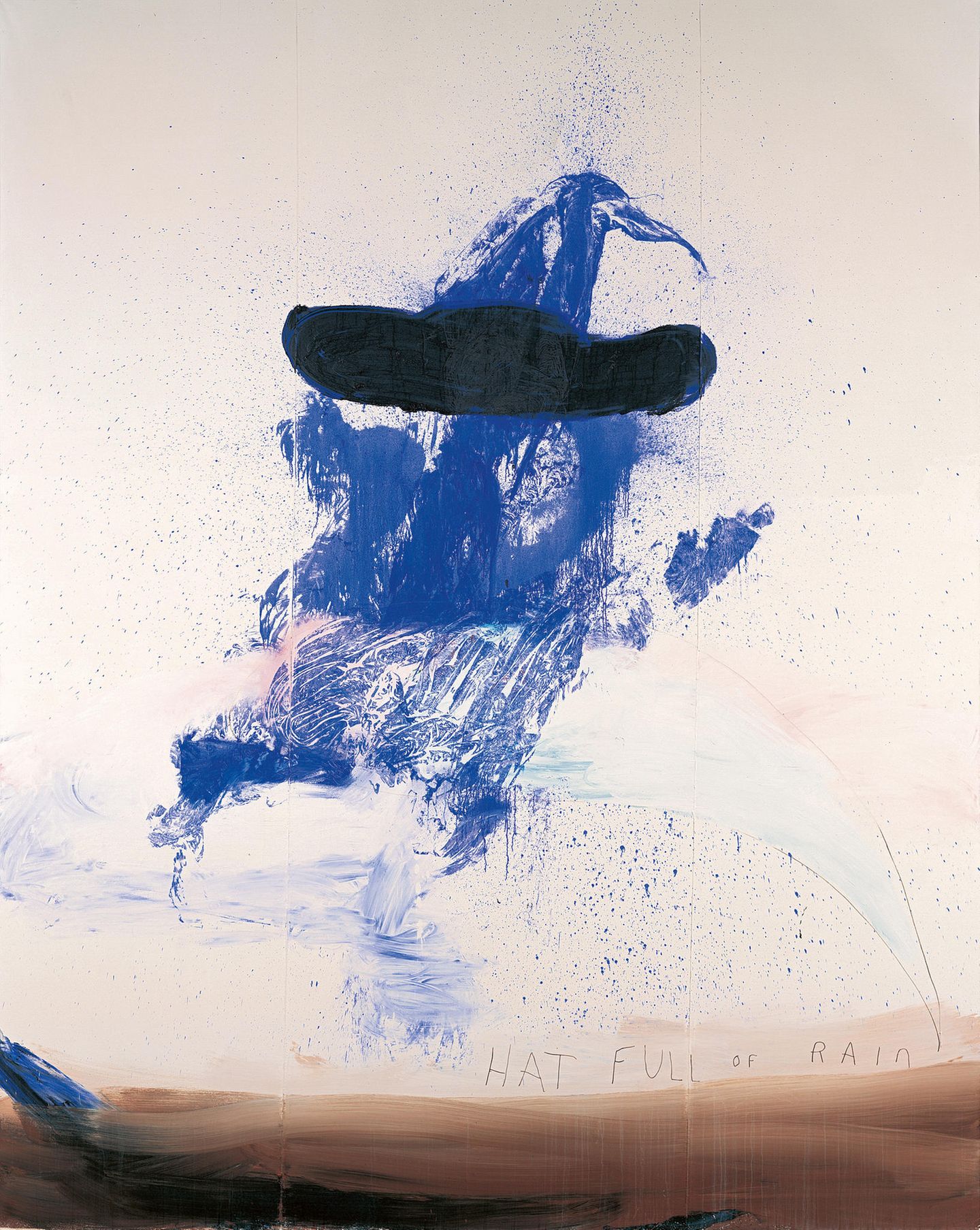Hat Full of Rain, 1996  Oil and marker on tarpaulin  Till Briegleb schrieb in der "Süddeutschen Zeitung" über eine Ausstellung in Aarhus zu diesem Bild: "Schnabel verwendet 1996 Yves-Klein-Blau in Kombination mit picasso-ähnlichen Torero-Hütchen in einer Serie über den 50er-Jahre Film "A Hatful of Rain". Er rekurriert auf die Farbfeldmalerei, indem er vergilbte Markisen zusammennäht. Auf einen Bildaufbau à la Mark Rothko in den Farben japanischer Kirschblüte trampelt er 1994 mit Schuhen herum, um "Schmetterlinge" zu erzeugen. Und schließlich sprayte er jüngst Schlangenlinien auf die Leinwand, die an Arbeiten des von ihm früher sehr geschmähten Brice Marden erinnern."
